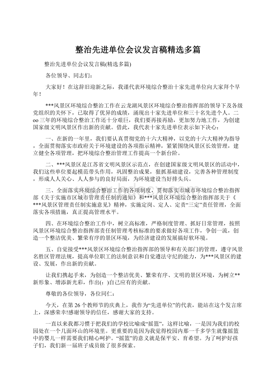 整治先进单位会议发言稿精选多篇Word文档格式.docx