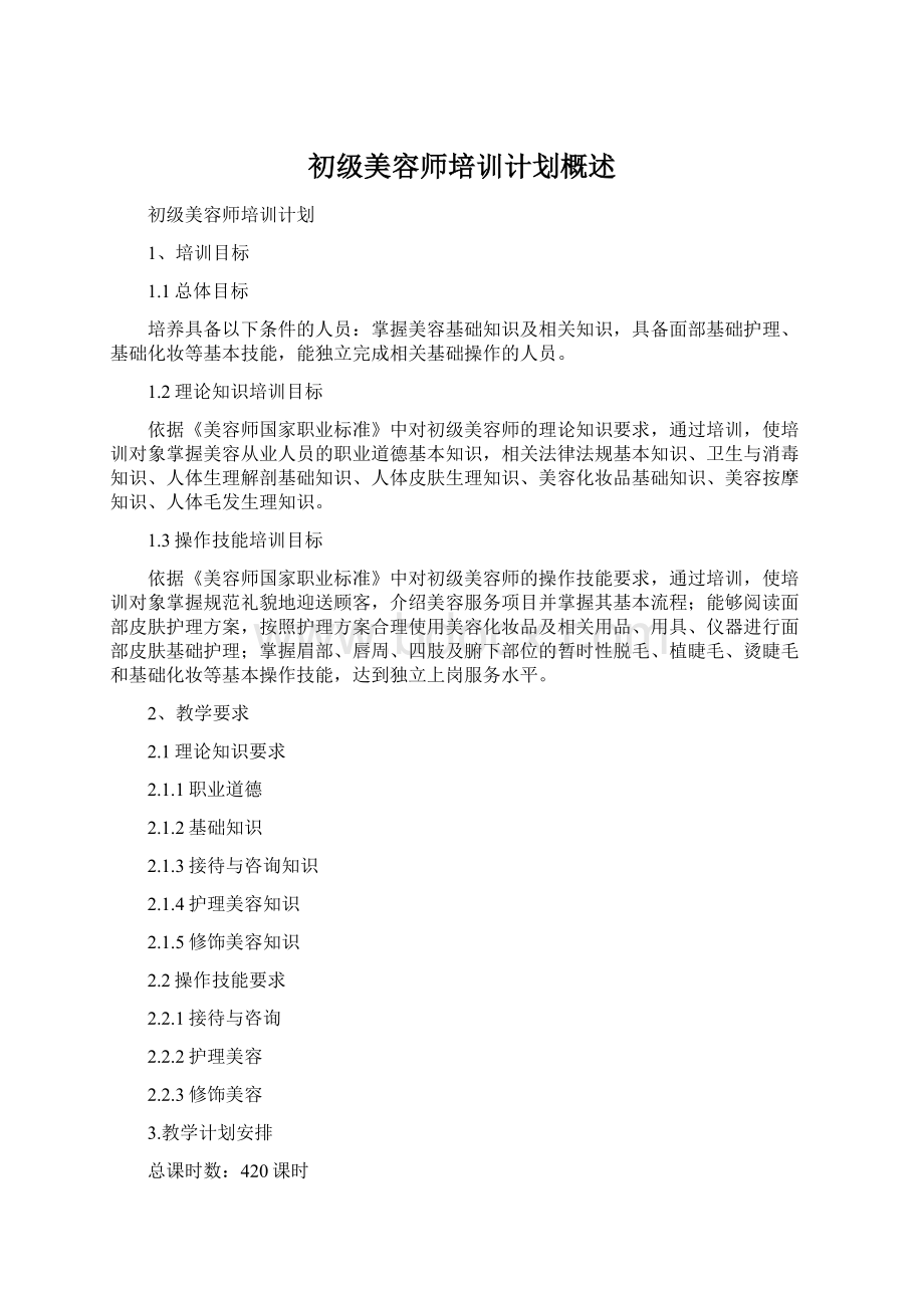 初级美容师培训计划概述文档格式.docx