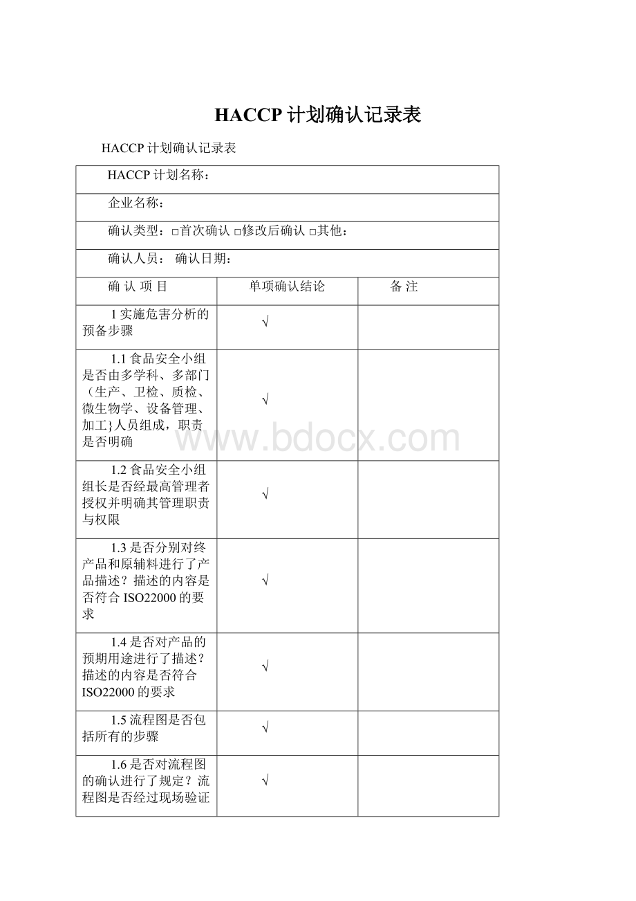 HACCP计划确认记录表文档格式.docx