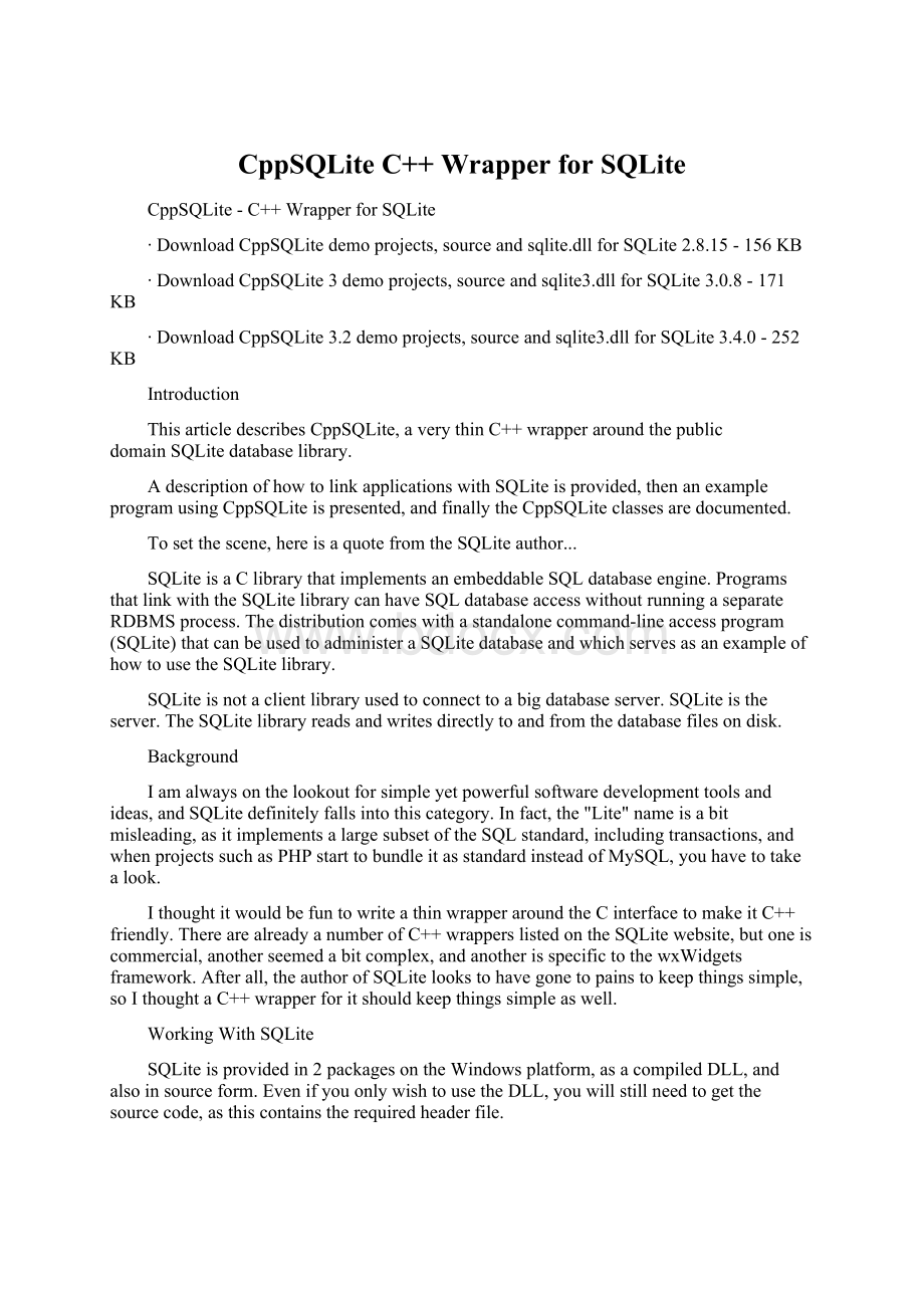 CppSQLiteC++ Wrapper for SQLiteWord文档下载推荐.docx_第1页