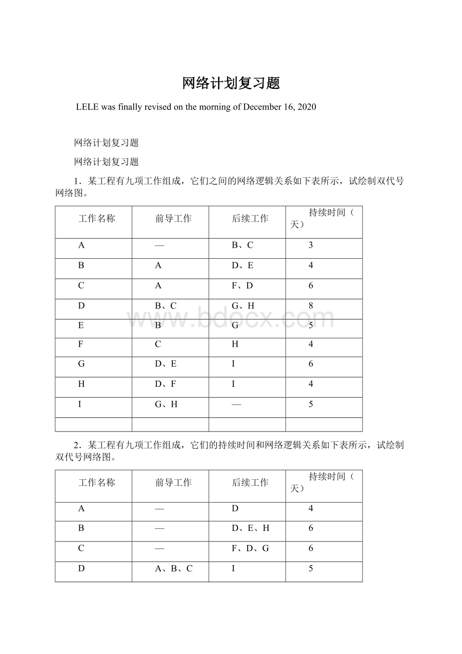 网络计划复习题Word文档下载推荐.docx