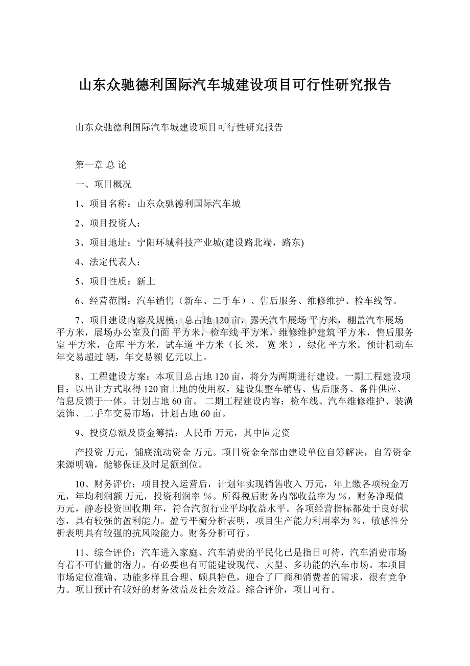 山东众驰德利国际汽车城建设项目可行性研究报告文档格式.docx_第1页