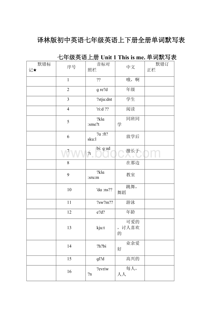 译林版初中英语七年级英语上下册全册单词默写表.docx