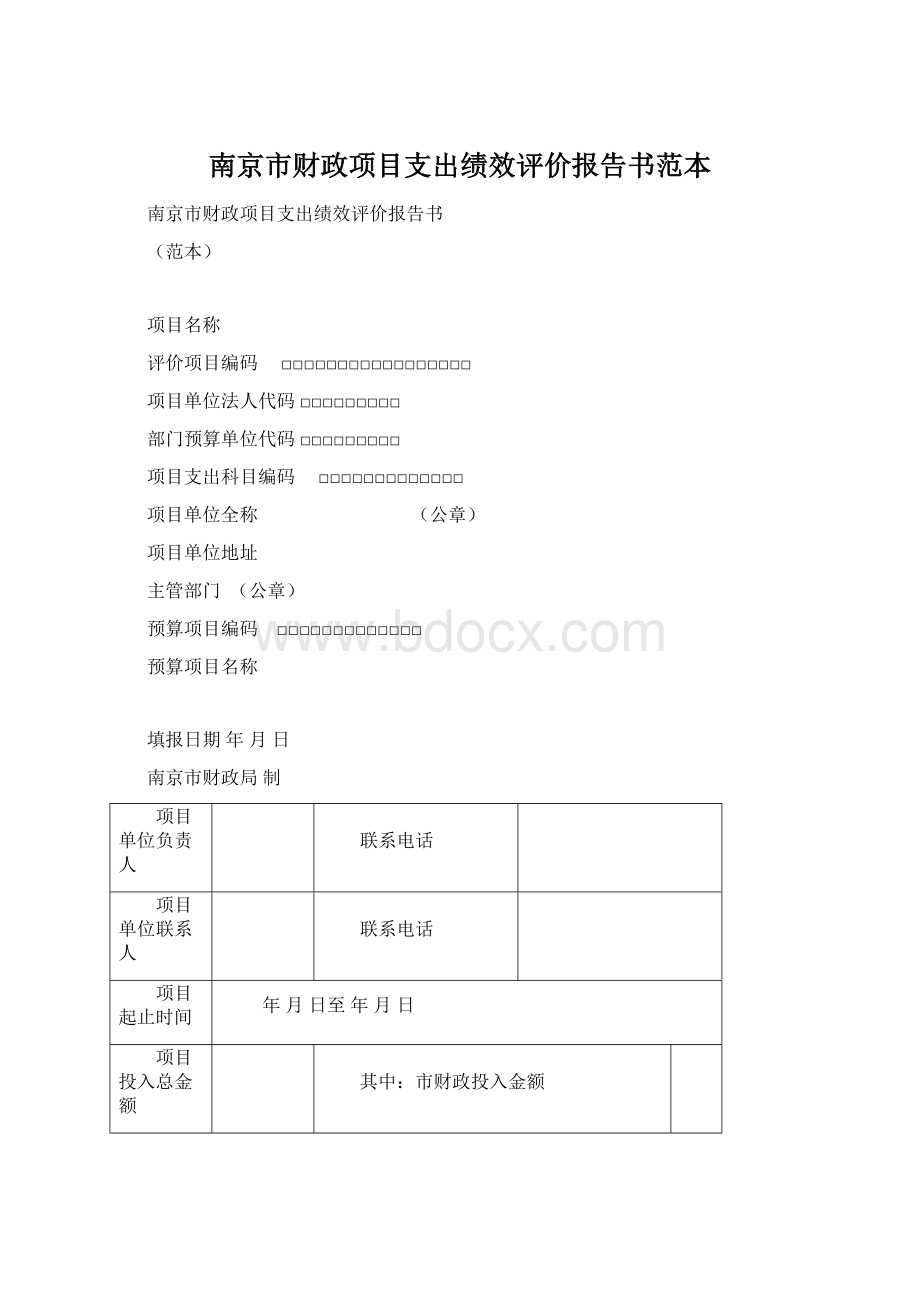 南京市财政项目支出绩效评价报告书范本文档格式.docx