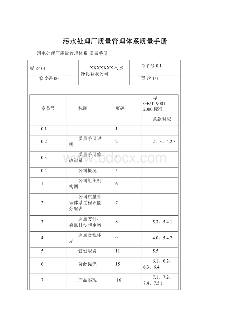 污水处理厂质量管理体系质量手册.docx