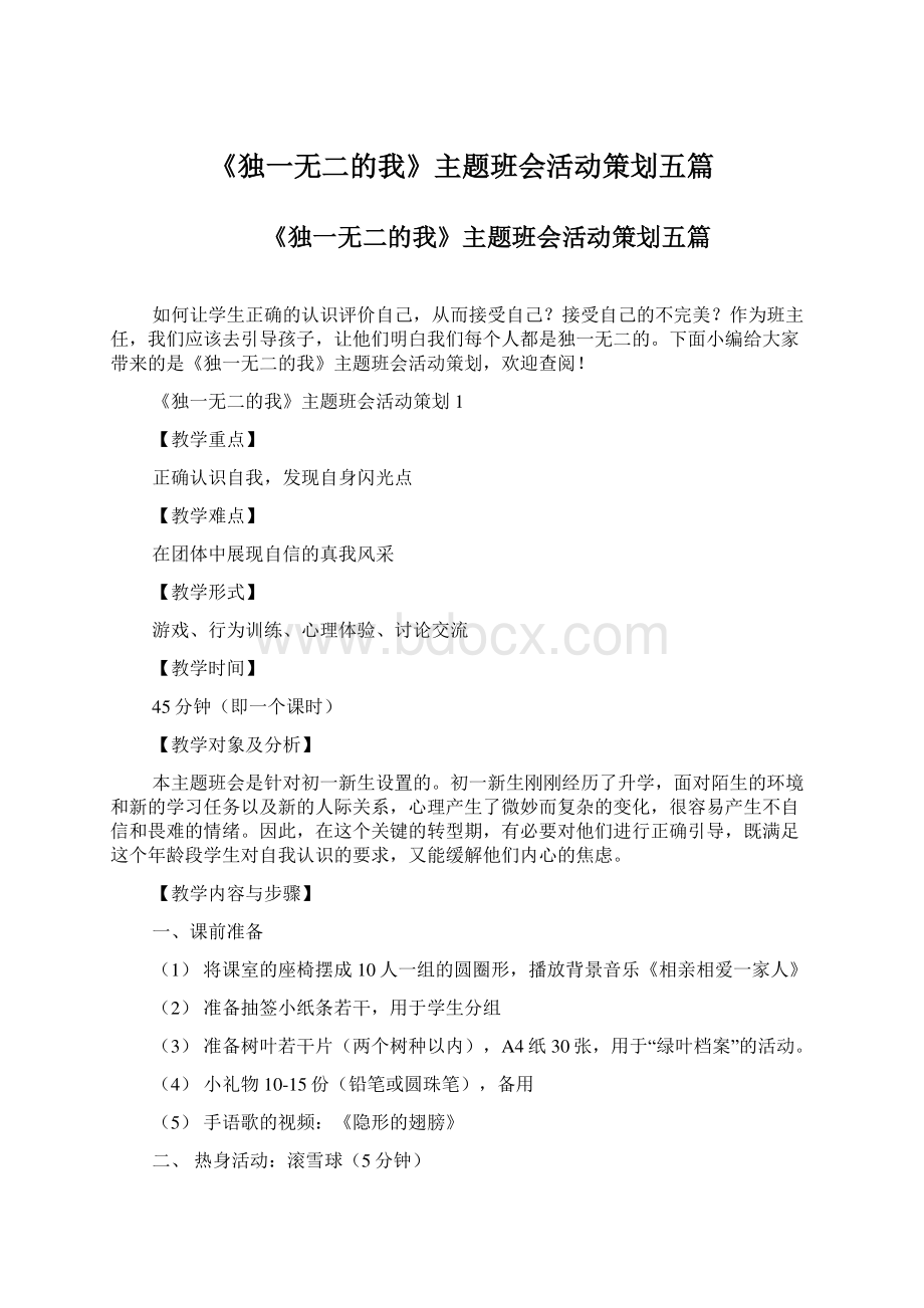 《独一无二的我》主题班会活动策划五篇Word格式.docx