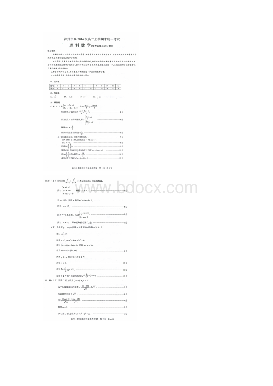 四川省泸州市学年高二上学期期末统一考试数学理试题扫描版.docx_第3页