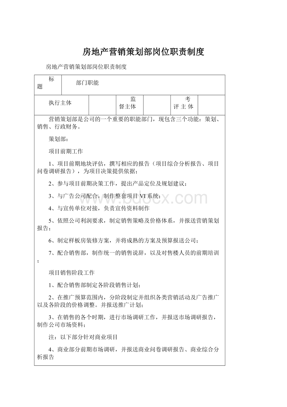 房地产营销策划部岗位职责制度Word格式文档下载.docx_第1页