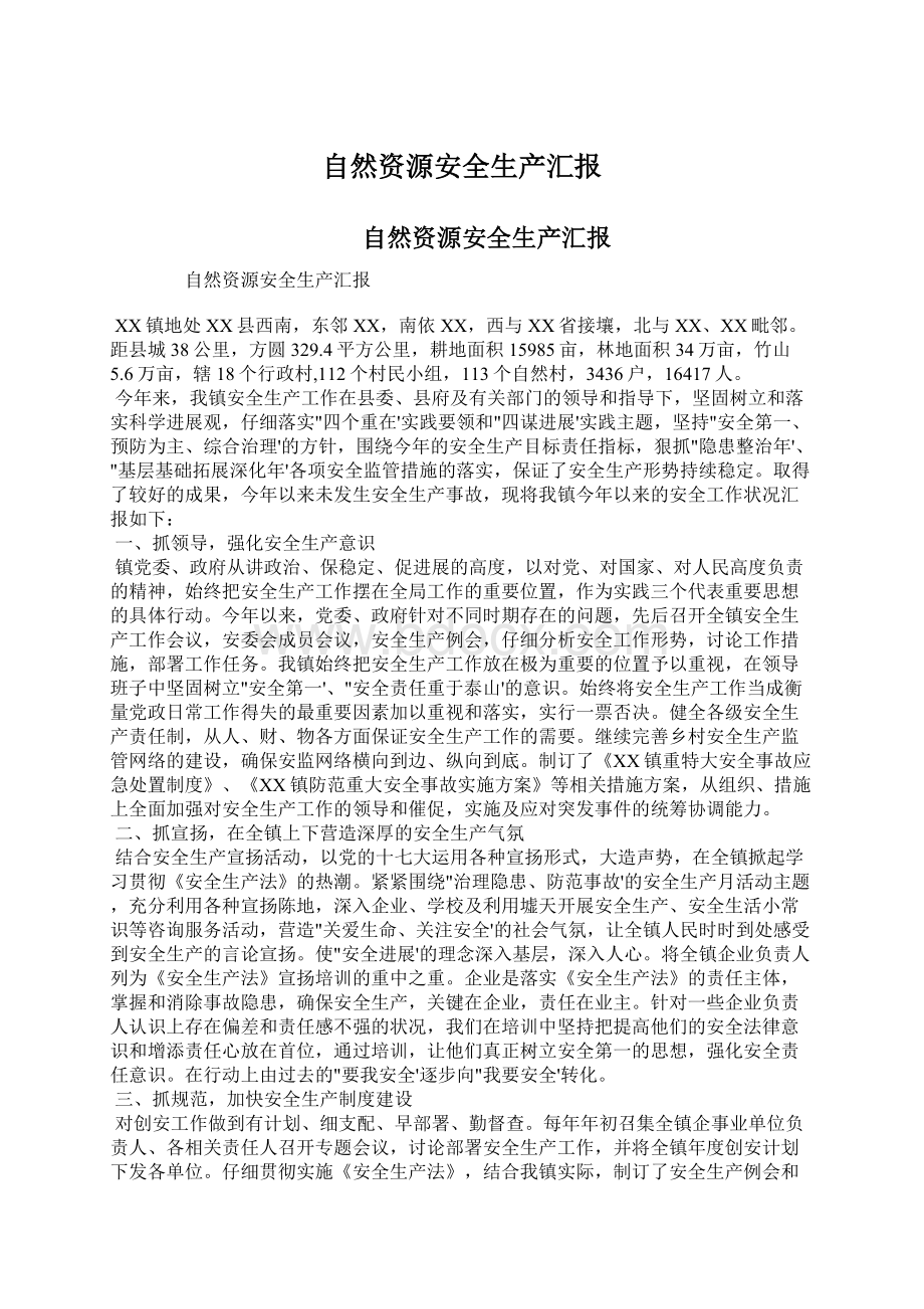 自然资源安全生产汇报Word文档下载推荐.docx_第1页