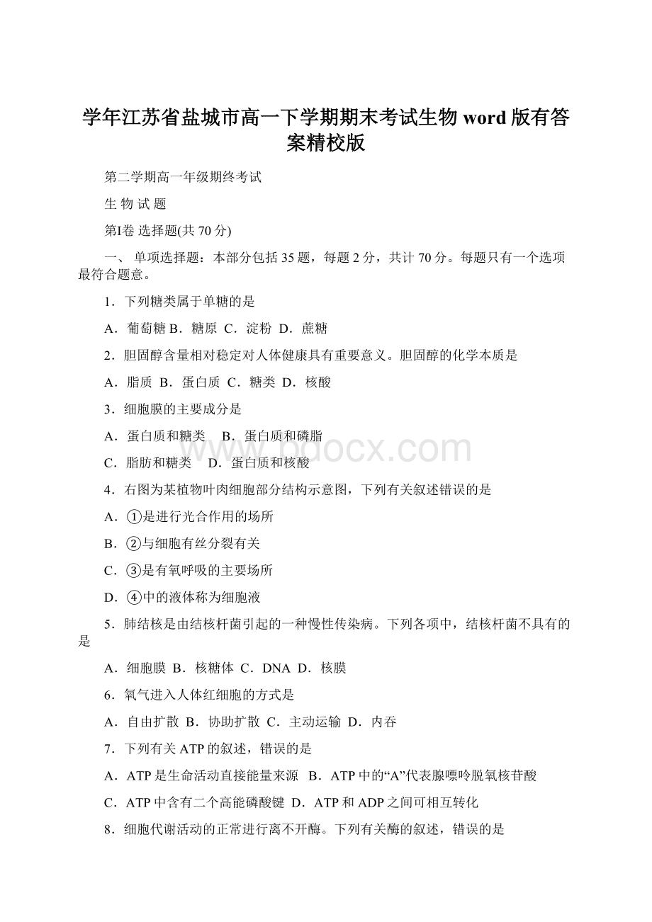 学年江苏省盐城市高一下学期期末考试生物word版有答案精校版Word文档下载推荐.docx_第1页