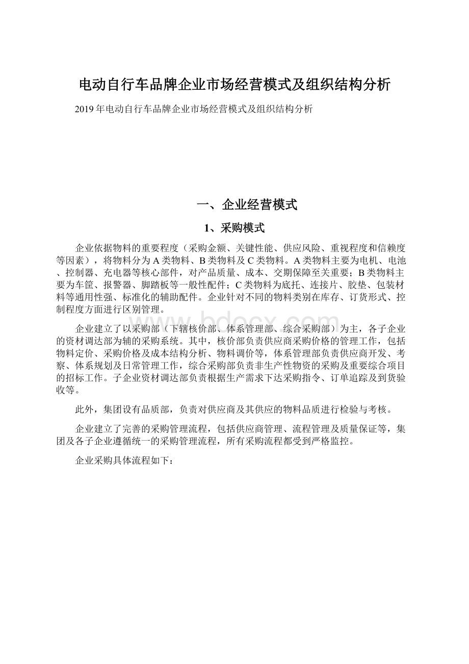 电动自行车品牌企业市场经营模式及组织结构分析.docx_第1页