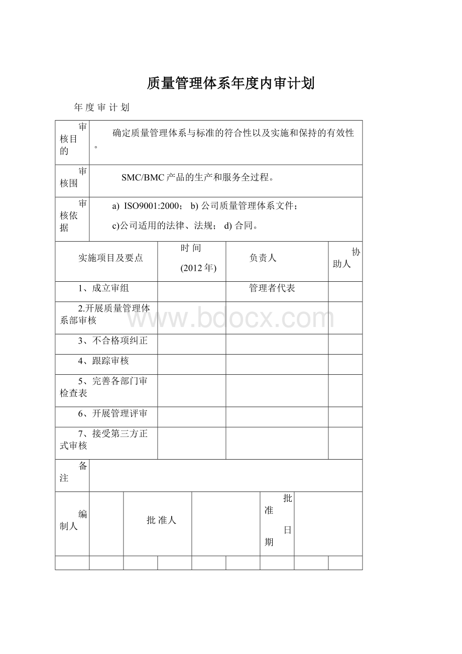 质量管理体系年度内审计划Word文档下载推荐.docx