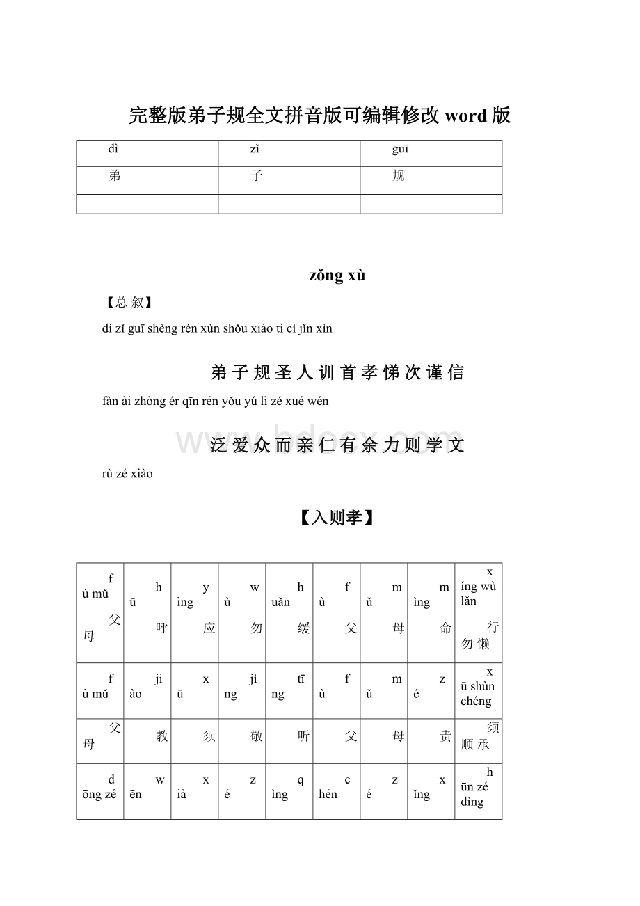 完整版弟子规全文拼音版可编辑修改word版.docx_第1页