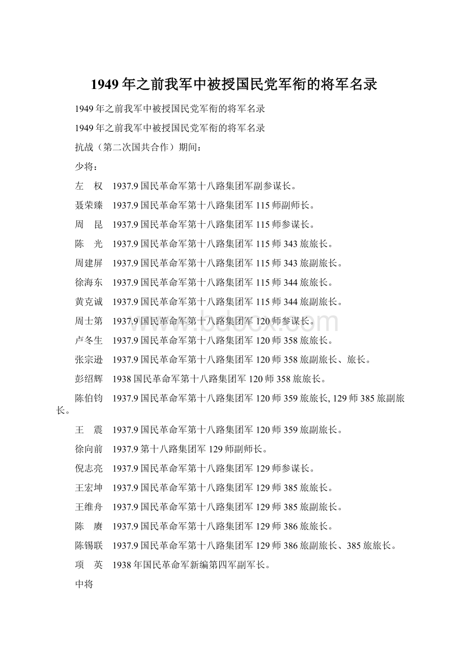 1949年之前我军中被授国民党军衔的将军名录.docx