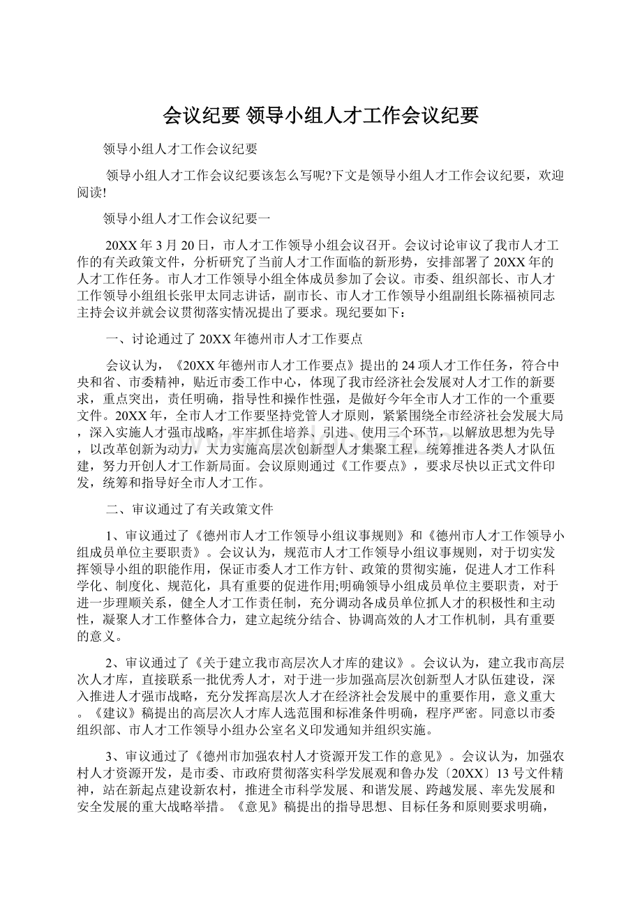 会议纪要 领导小组人才工作会议纪要Word下载.docx_第1页