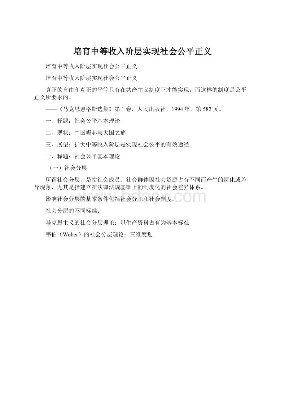 培育中等收入阶层实现社会公平正义Word格式.docx