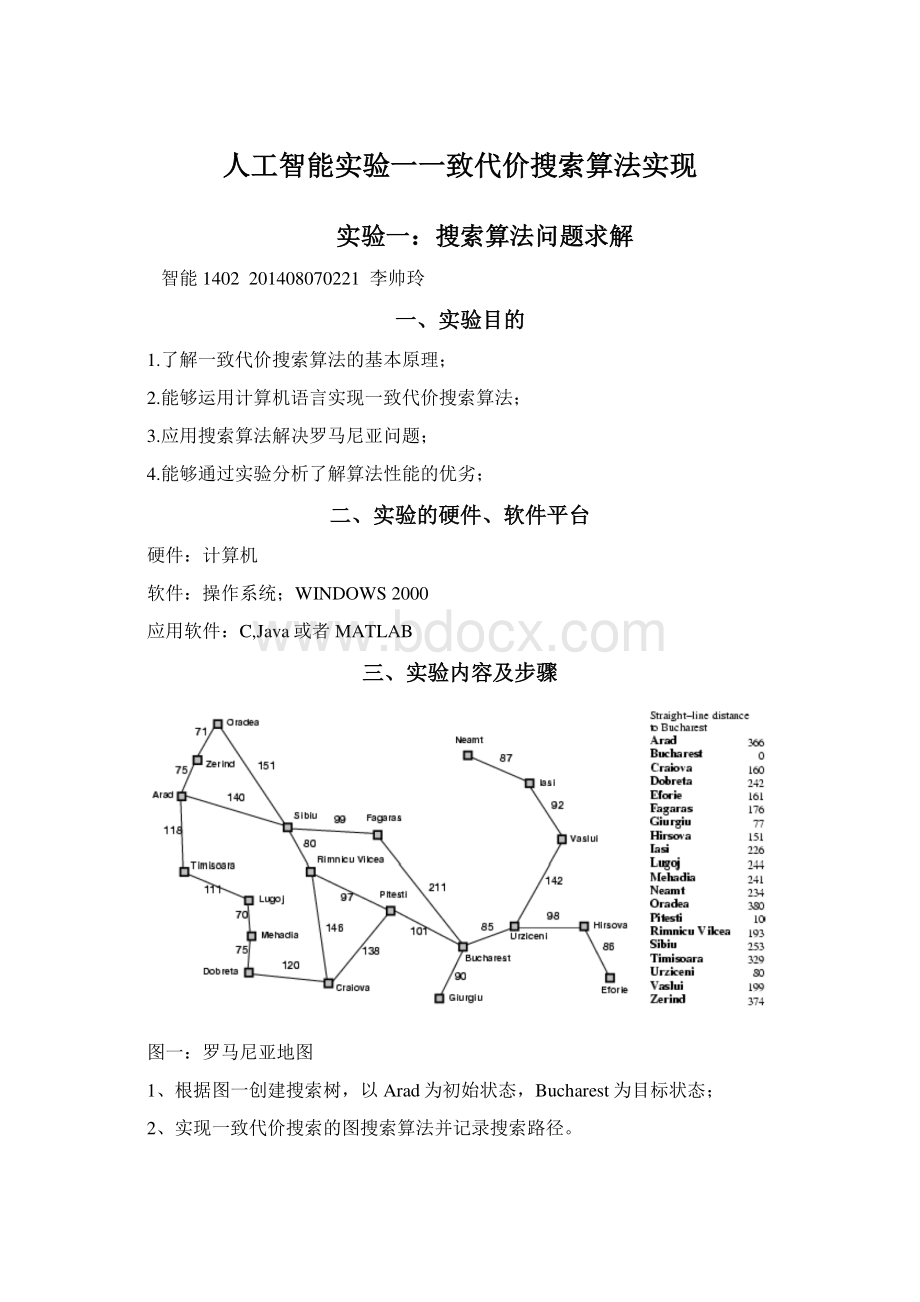 人工智能实验一一致代价搜索算法实现.docx_第1页