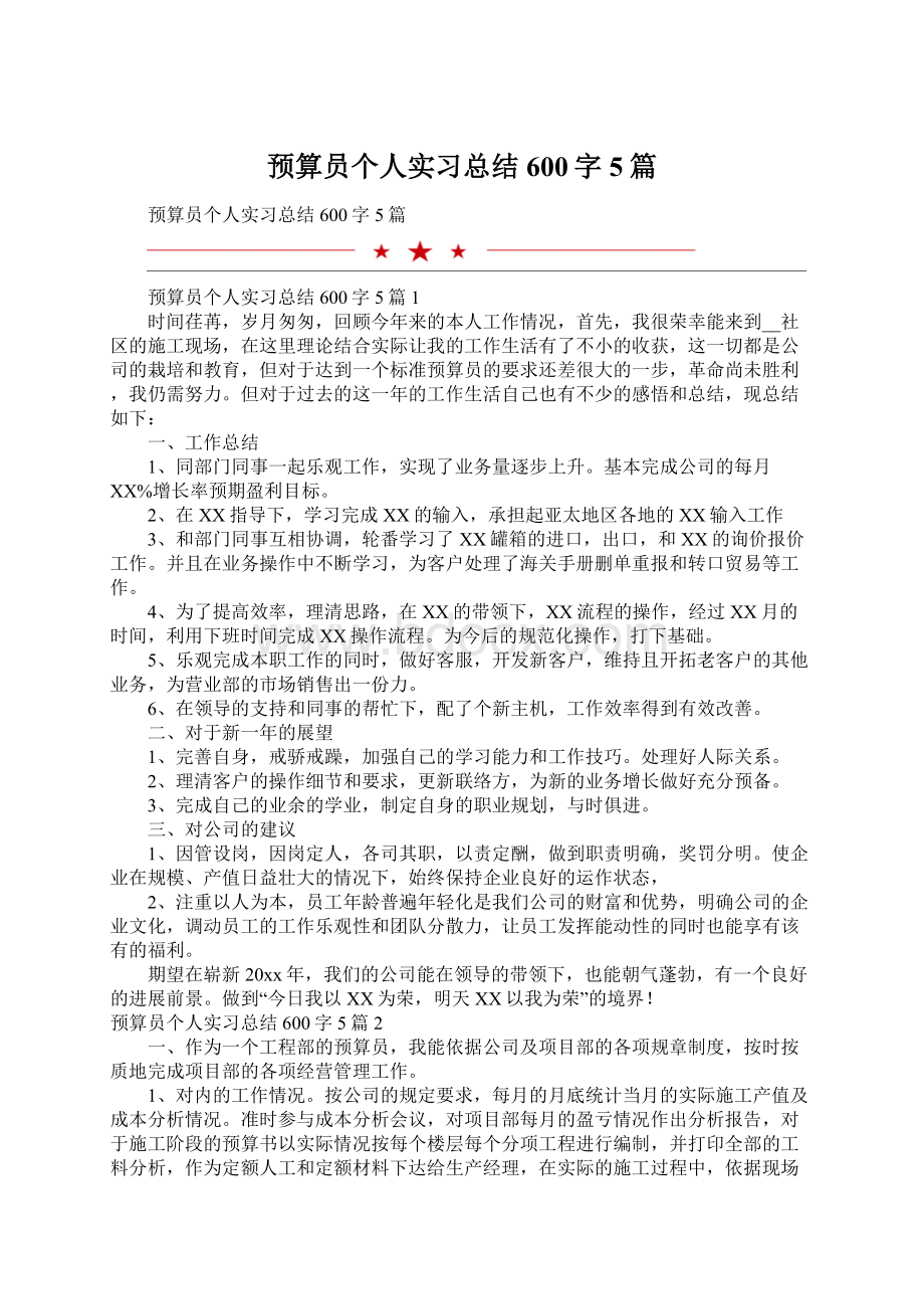 预算员个人实习总结600字5篇.docx