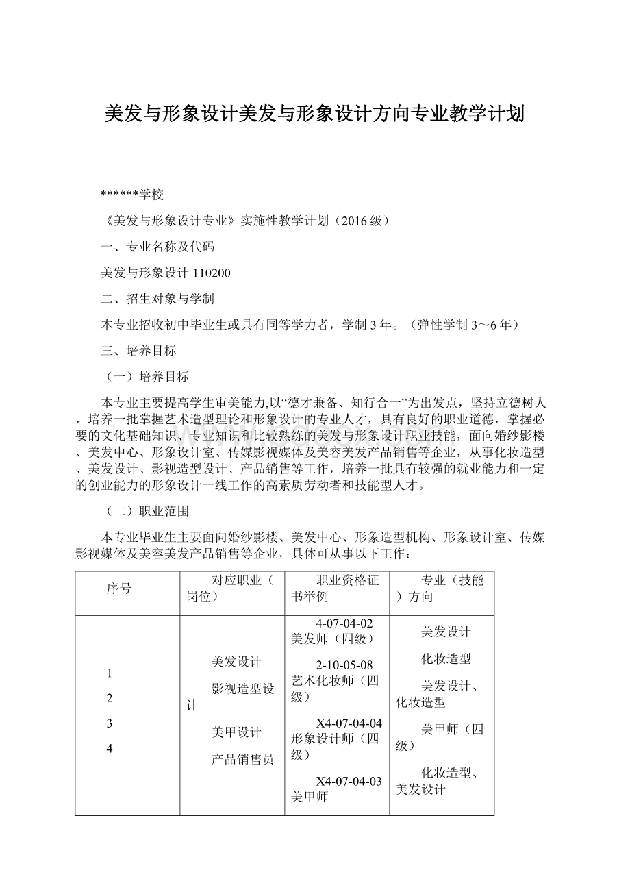 美发与形象设计美发与形象设计方向专业教学计划.docx_第1页