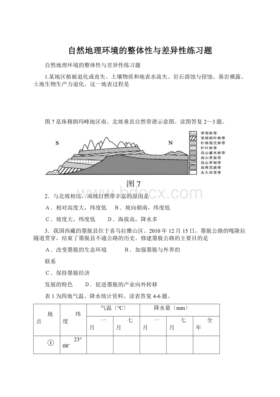 自然地理环境的整体性与差异性练习题Word文档下载推荐.docx_第1页