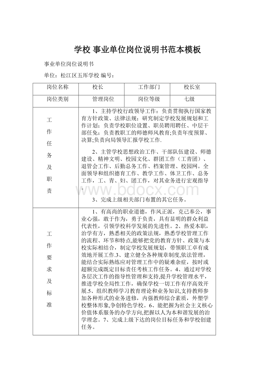 学校 事业单位岗位说明书范本模板.docx_第1页