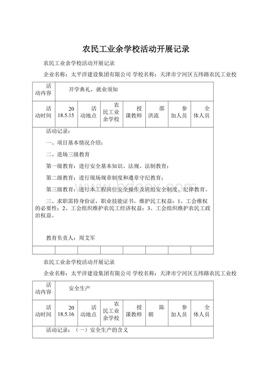 农民工业余学校活动开展记录.docx_第1页