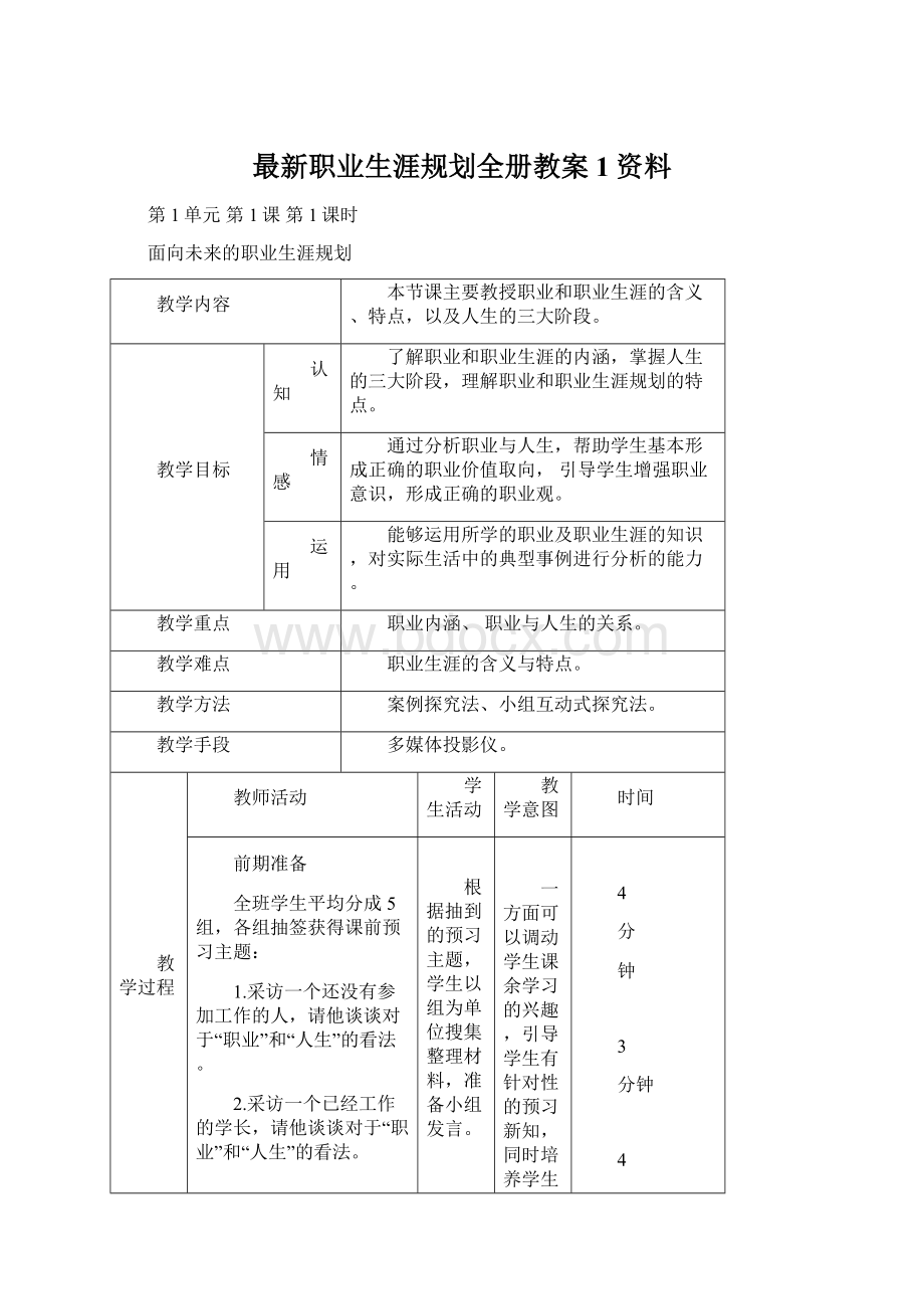 最新职业生涯规划全册教案1资料.docx