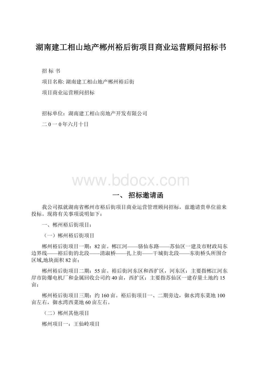 湖南建工相山地产郴州裕后街项目商业运营顾问招标书Word下载.docx