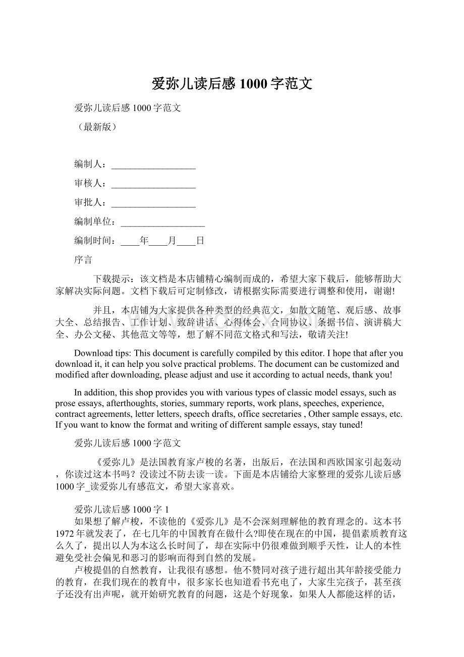 爱弥儿读后感1000字范文Word文档下载推荐.docx