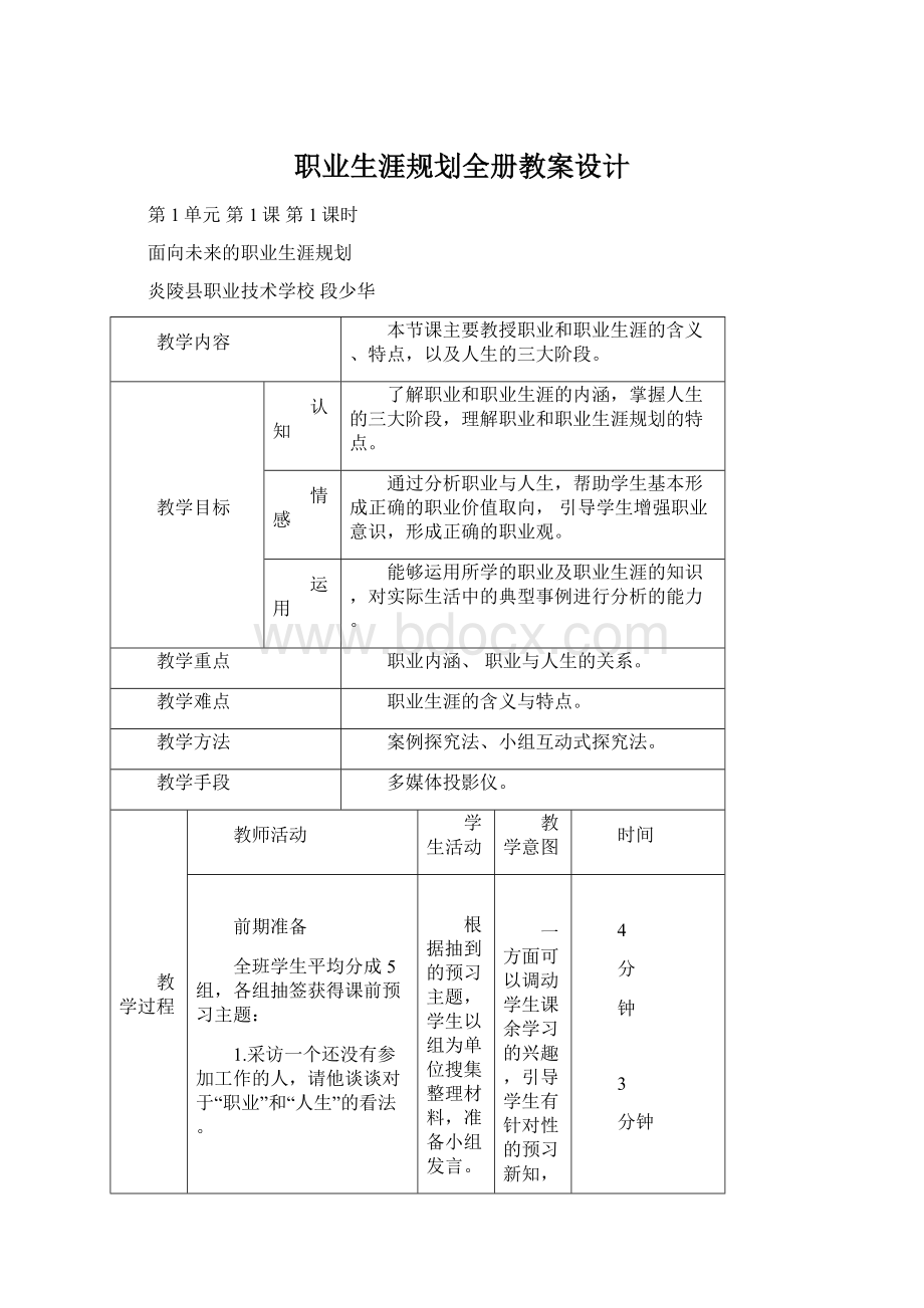 职业生涯规划全册教案设计Word格式.docx_第1页