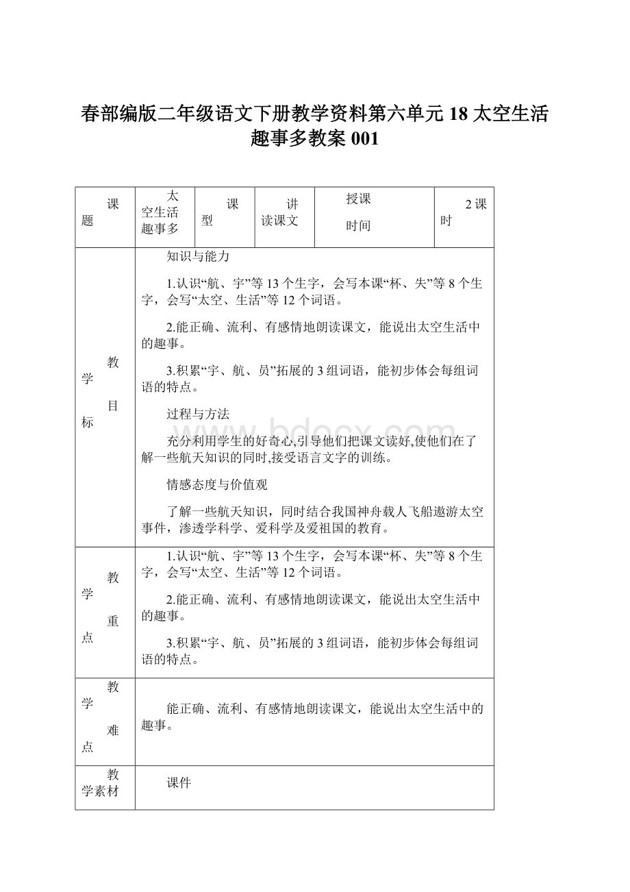 春部编版二年级语文下册教学资料第六单元18 太空生活趣事多教案001Word下载.docx_第1页