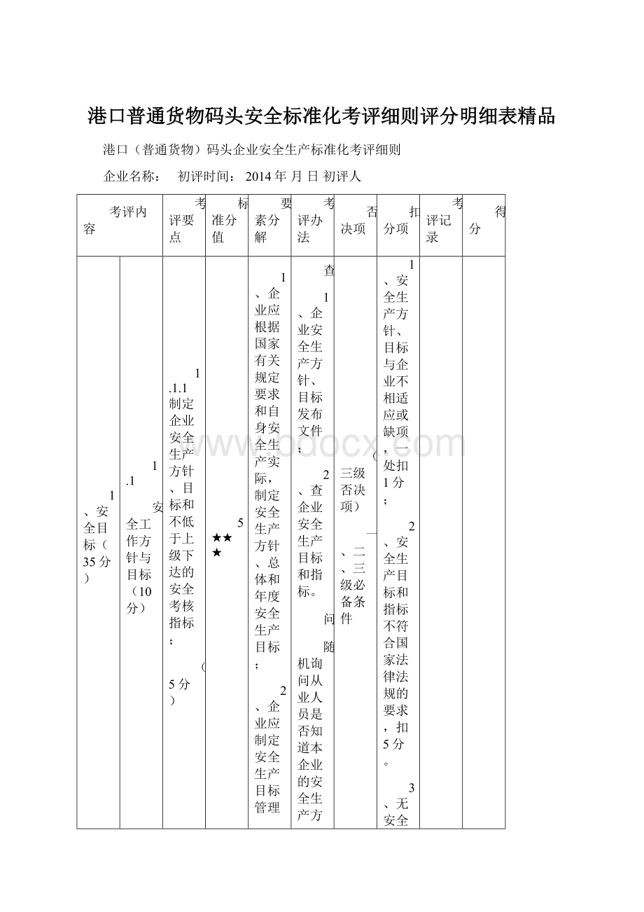 港口普通货物码头安全标准化考评细则评分明细表精品Word下载.docx_第1页