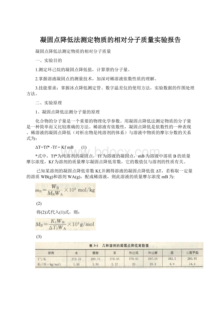 凝固点降低法测定物质的相对分子质量实验报告文档格式.docx_第1页