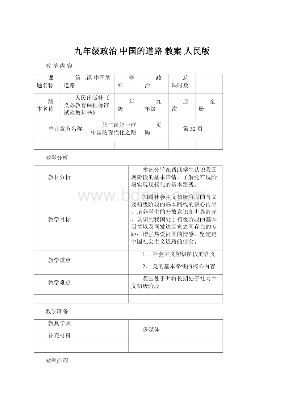 九年级政治 中国的道路 教案 人民版.docx_第1页