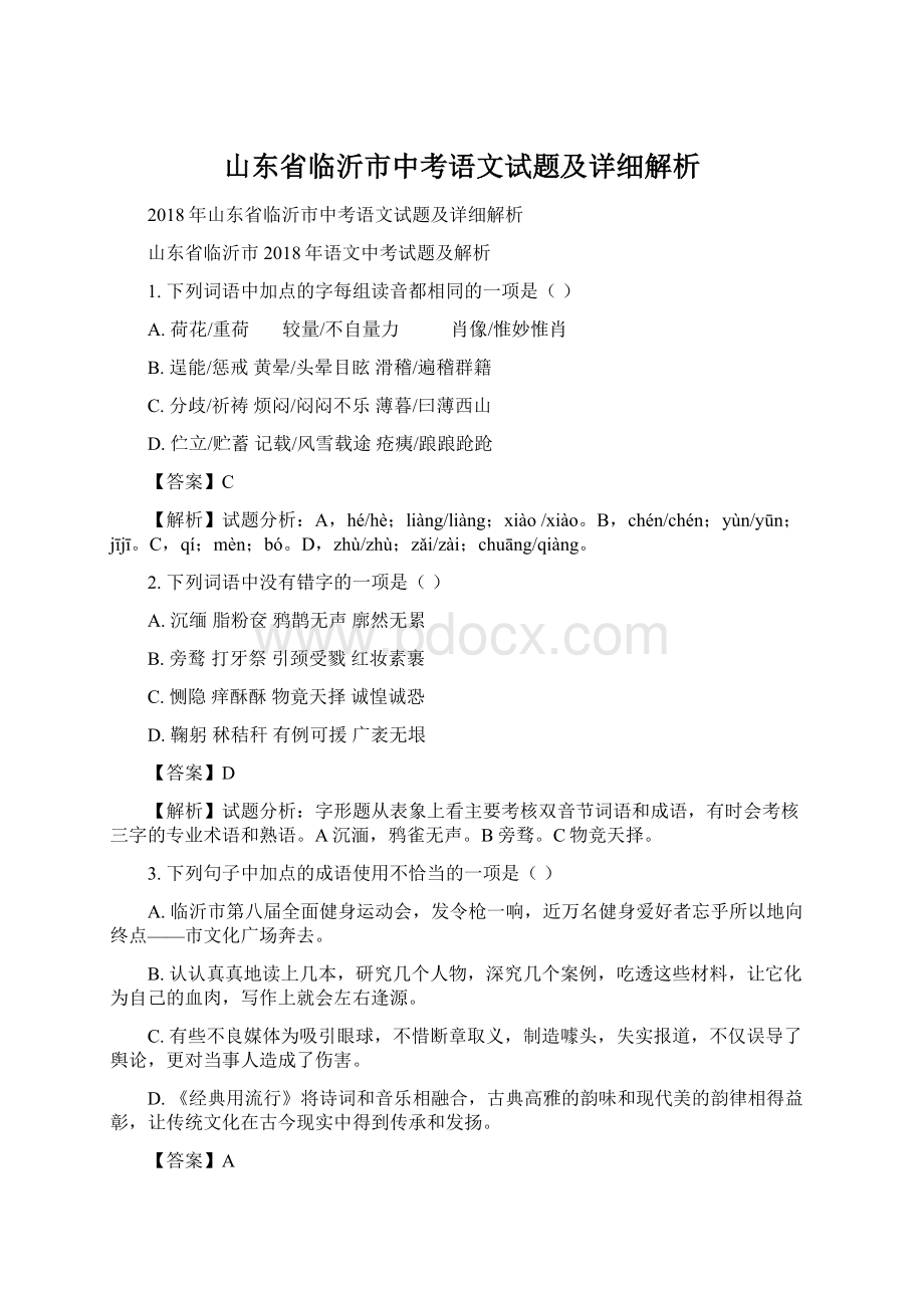 山东省临沂市中考语文试题及详细解析Word格式文档下载.docx