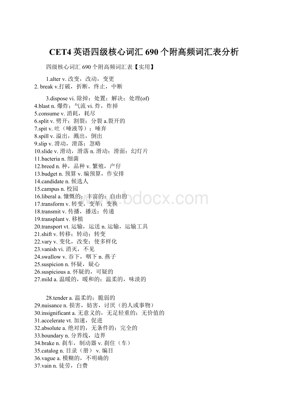 CET4英语四级核心词汇690个附高频词汇表分析Word文档下载推荐.docx_第1页