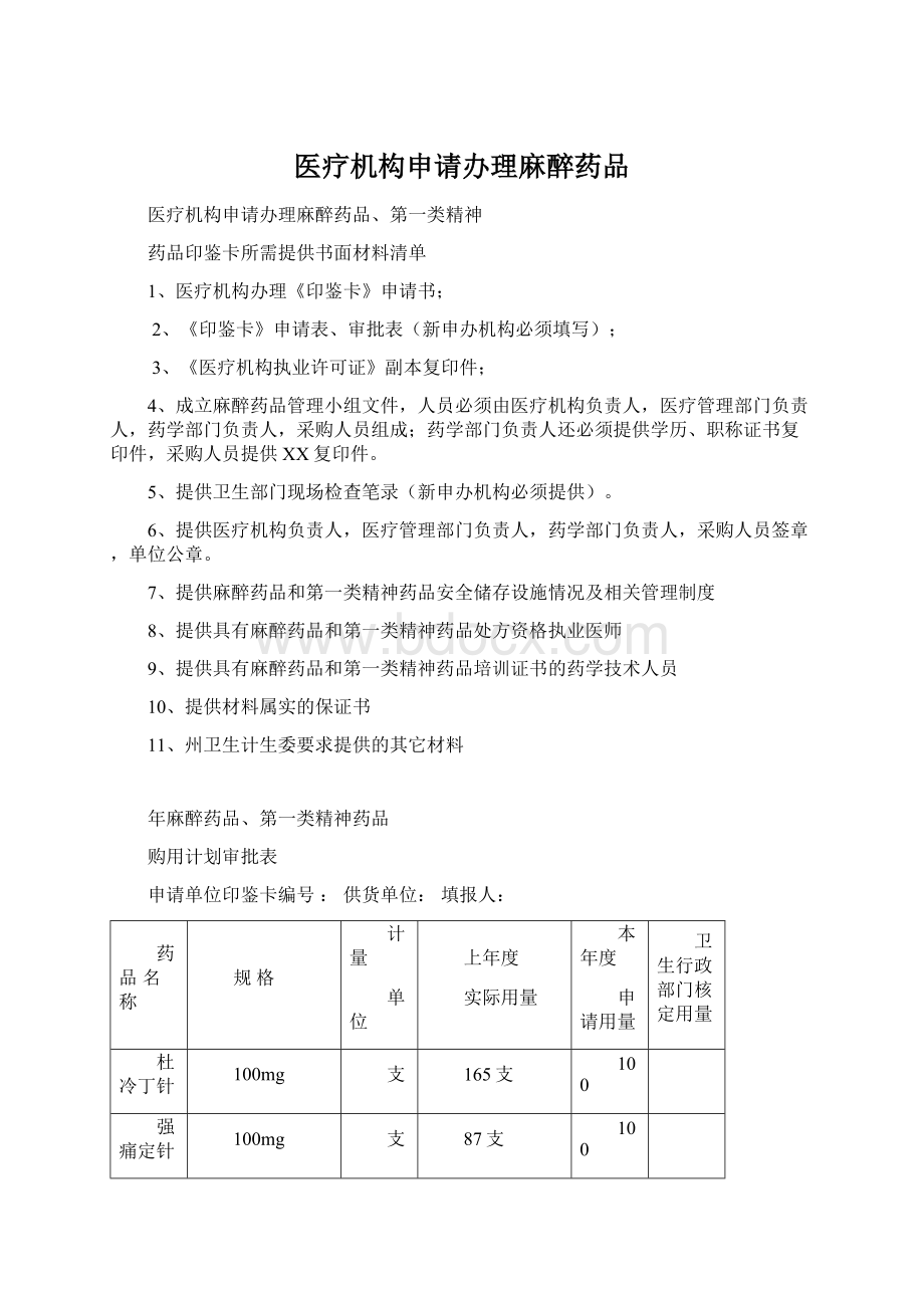 医疗机构申请办理麻醉药品Word下载.docx