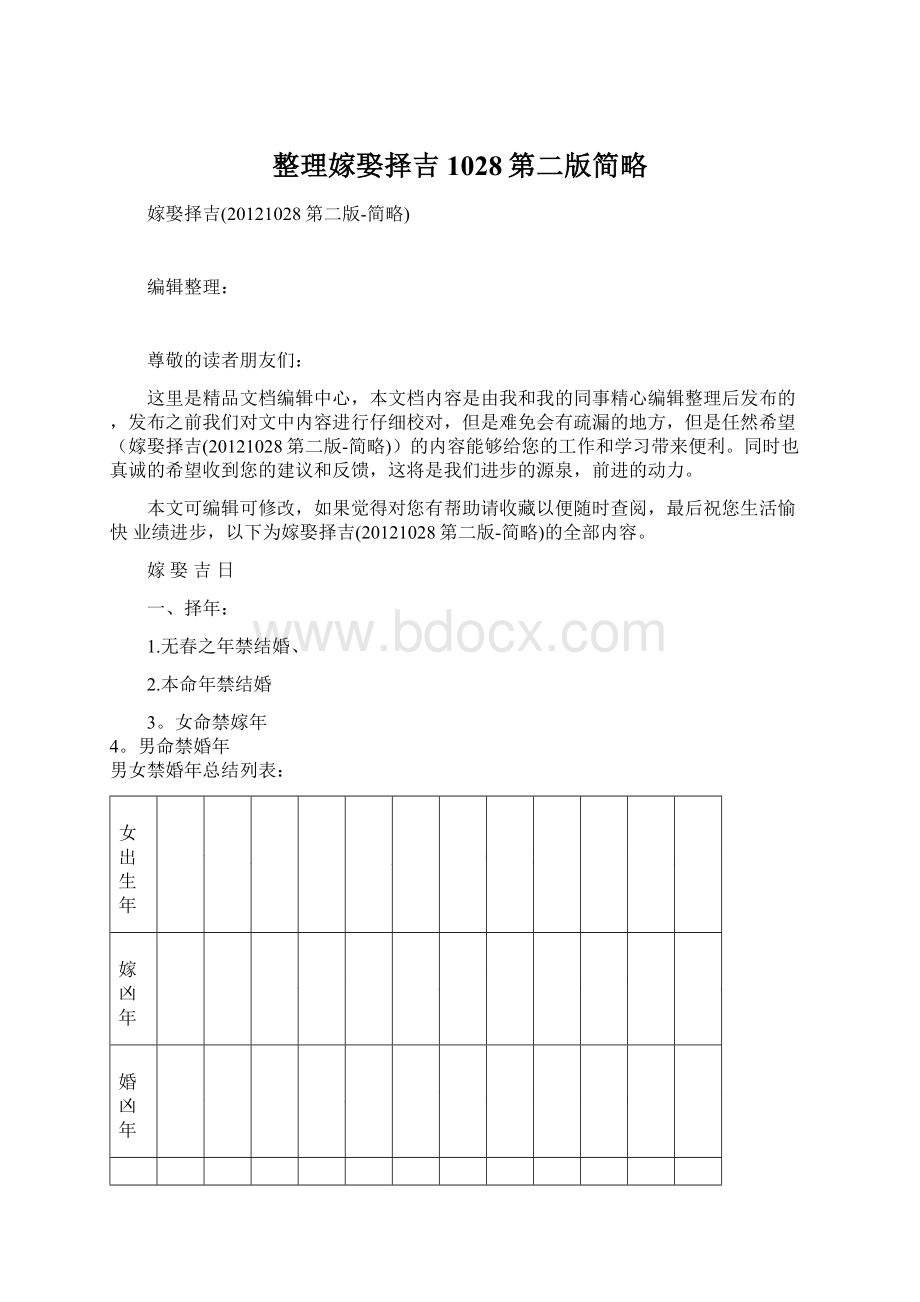 整理嫁娶择吉1028第二版简略Word格式.docx