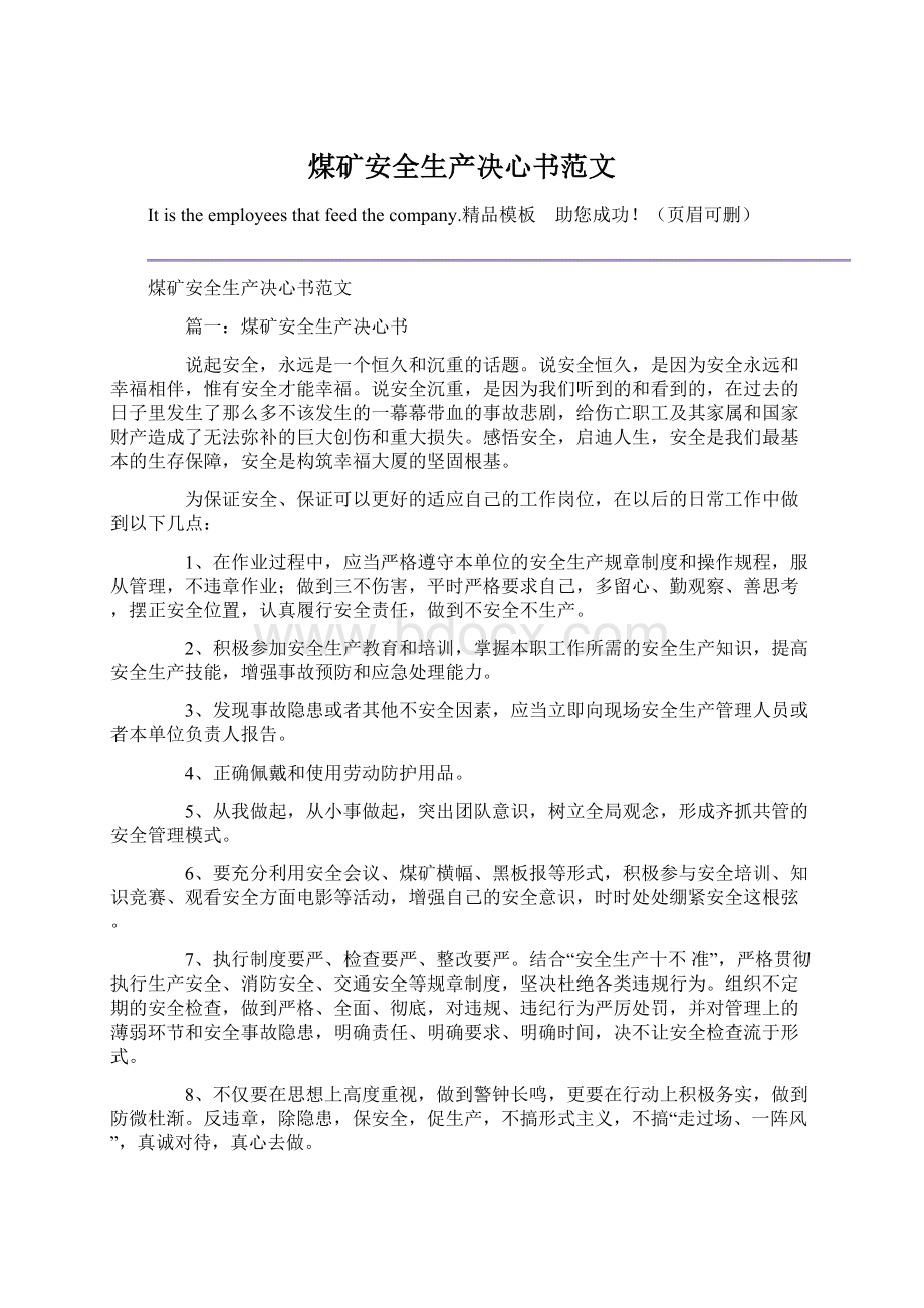 煤矿安全生产决心书范文Word文档下载推荐.docx_第1页