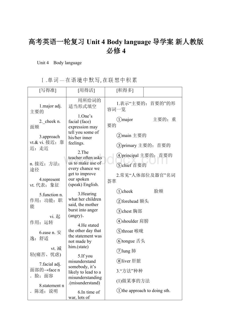 高考英语一轮复习 Unit 4 Body language导学案 新人教版必修4.docx_第1页