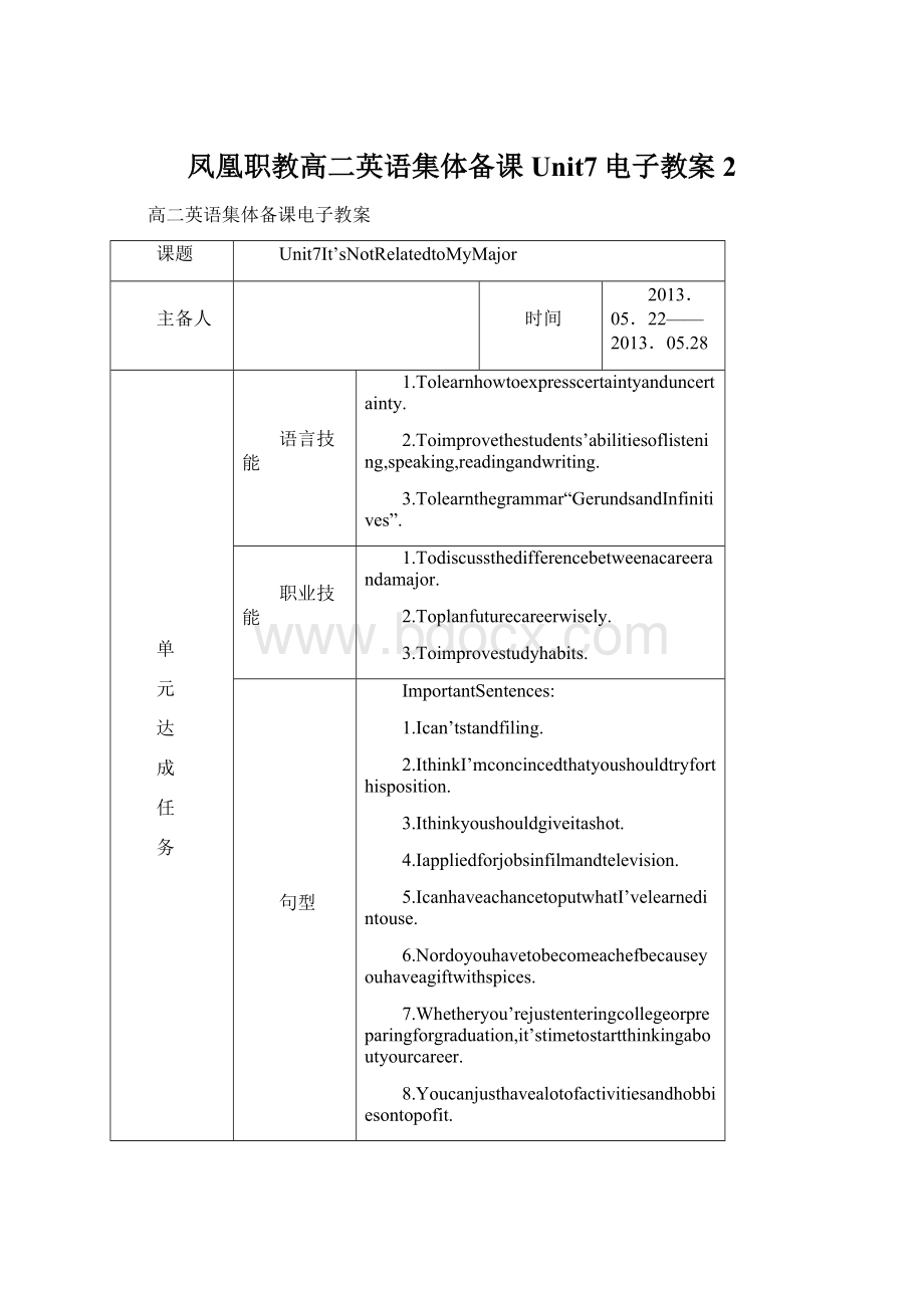 凤凰职教高二英语集体备课Unit7电子教案 2.docx