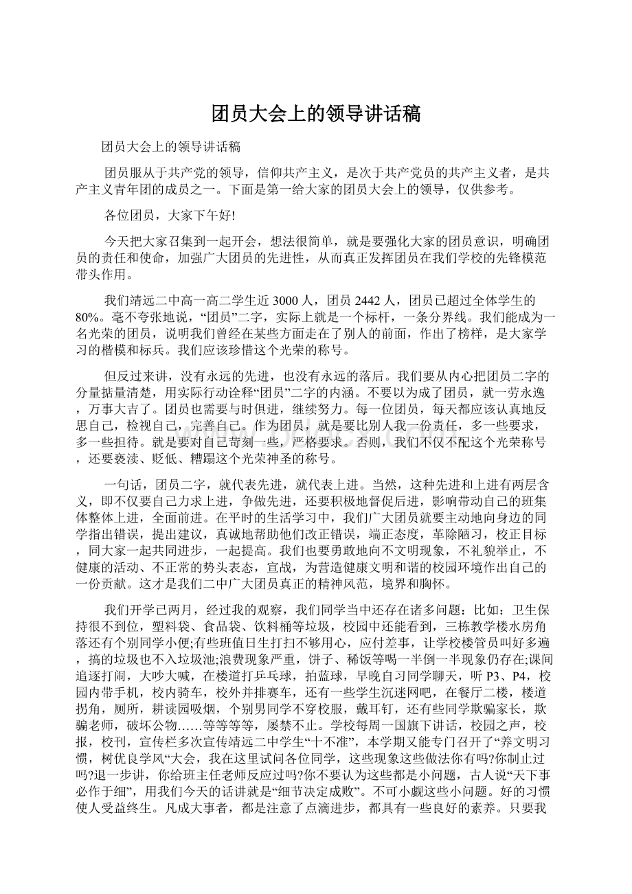 团员大会上的领导讲话稿Word下载.docx