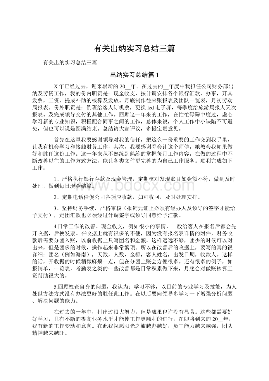 有关出纳实习总结三篇Word格式文档下载.docx