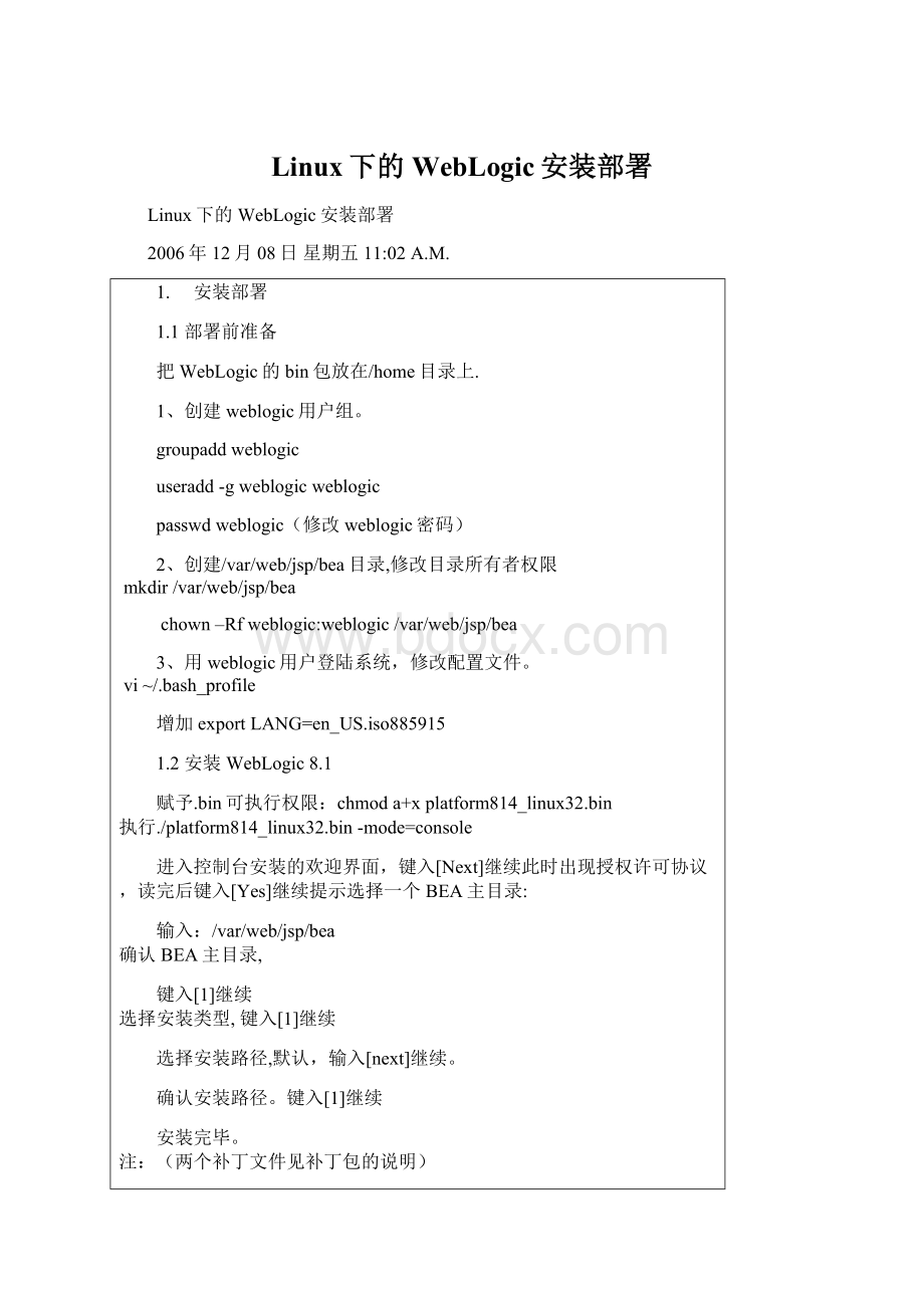 Linux下的WebLogic安装部署Word文档下载推荐.docx