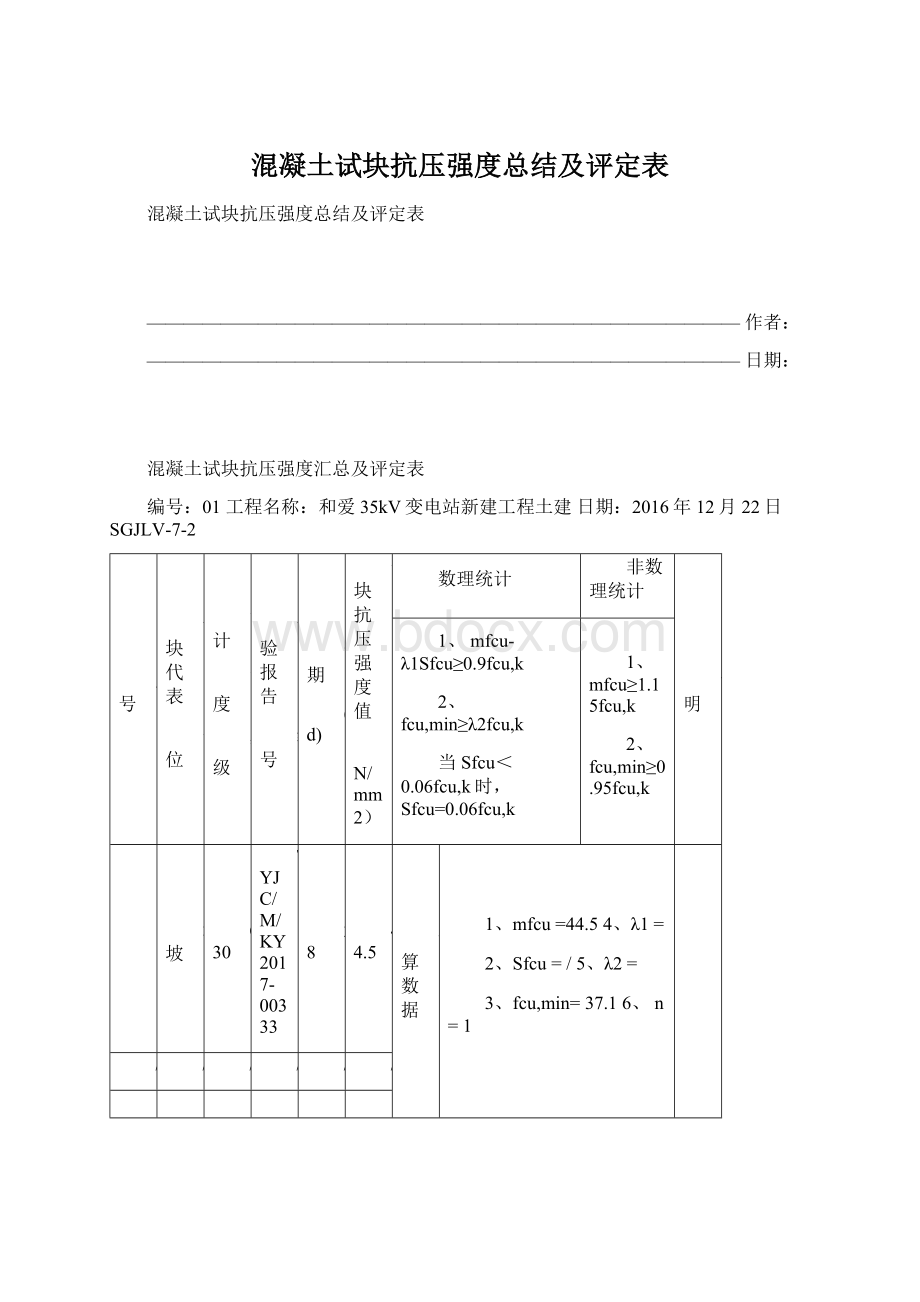 混凝土试块抗压强度总结及评定表.docx_第1页