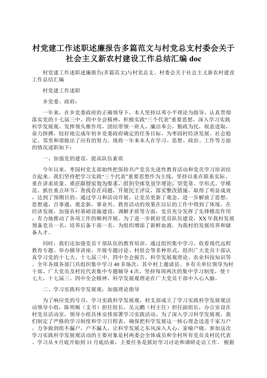 村党建工作述职述廉报告多篇范文与村党总支村委会关于社会主义新农村建设工作总结汇编docWord文档下载推荐.docx