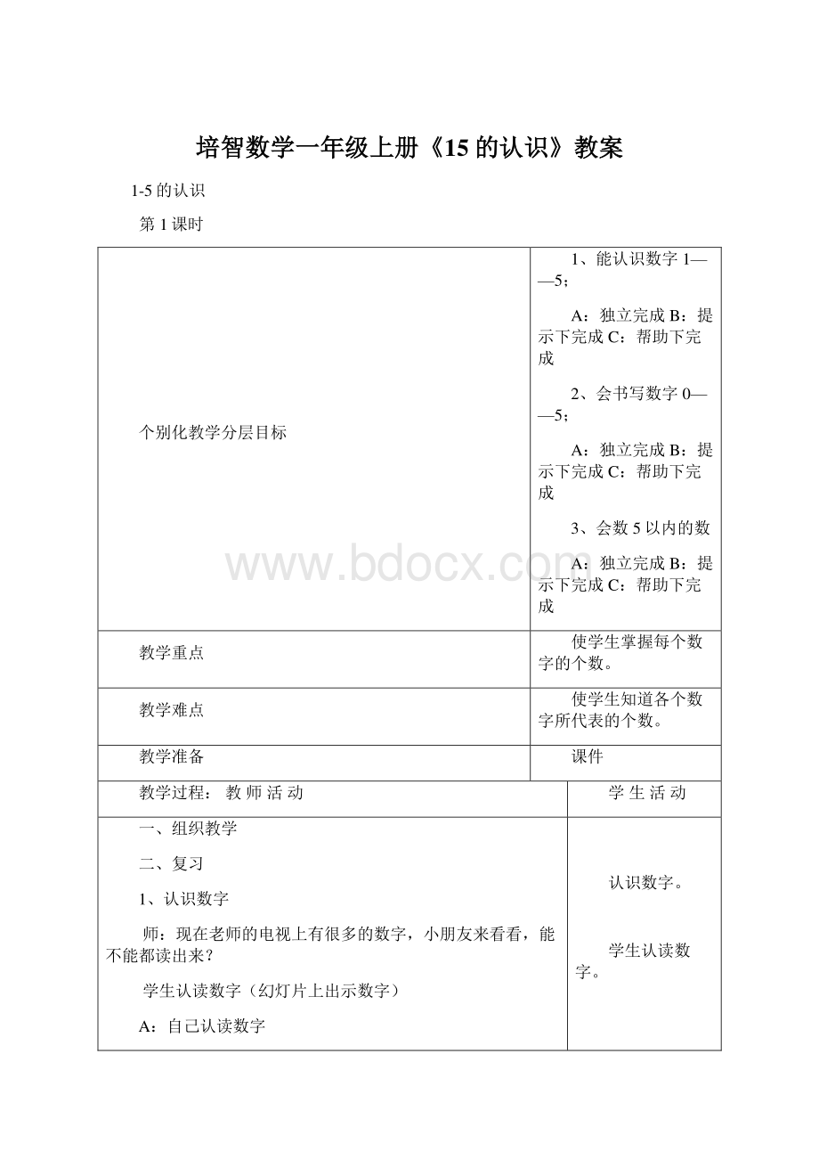 培智数学一年级上册《15的认识》教案Word格式.docx