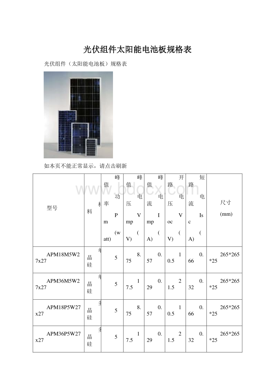 光伏组件太阳能电池板规格表.docx