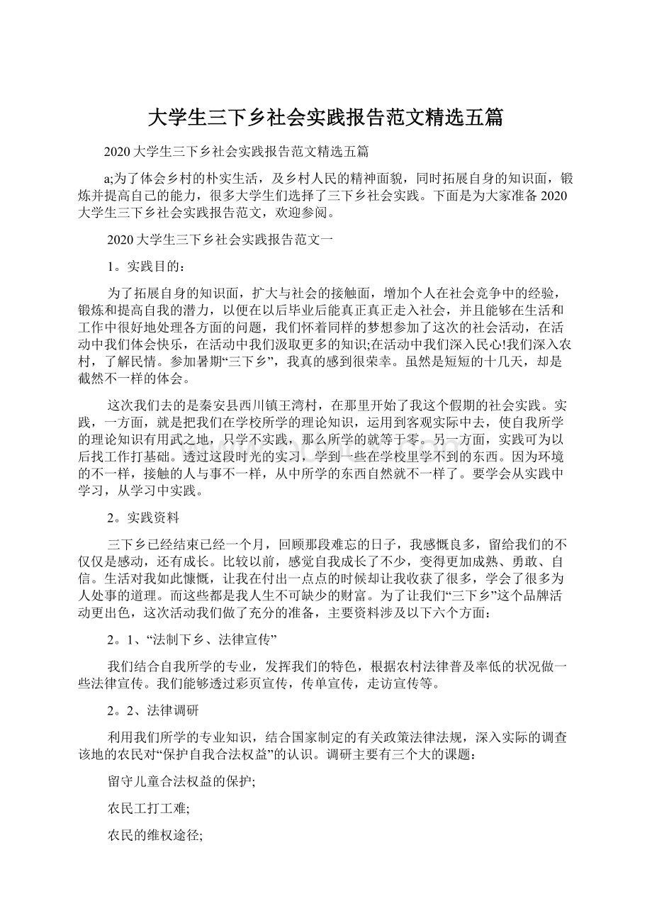 大学生三下乡社会实践报告范文精选五篇文档格式.docx_第1页