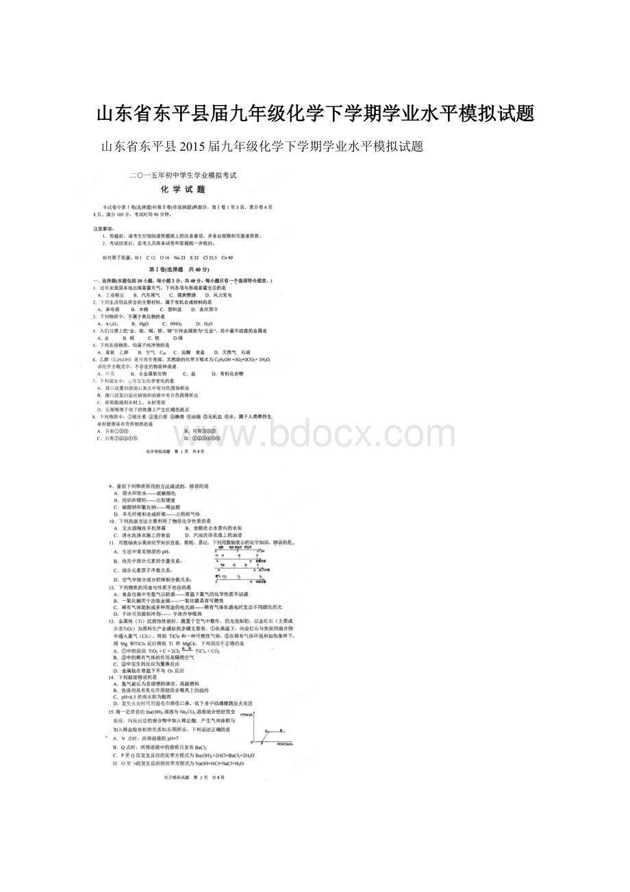 山东省东平县届九年级化学下学期学业水平模拟试题.docx_第1页